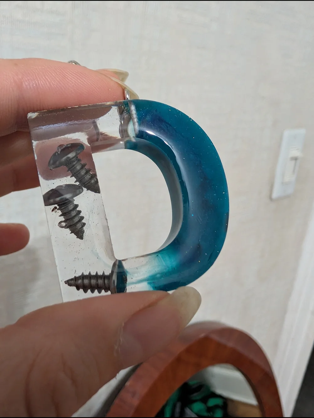 Blue Resin D-Shaped Keychain with Embedded Screws. Handmade